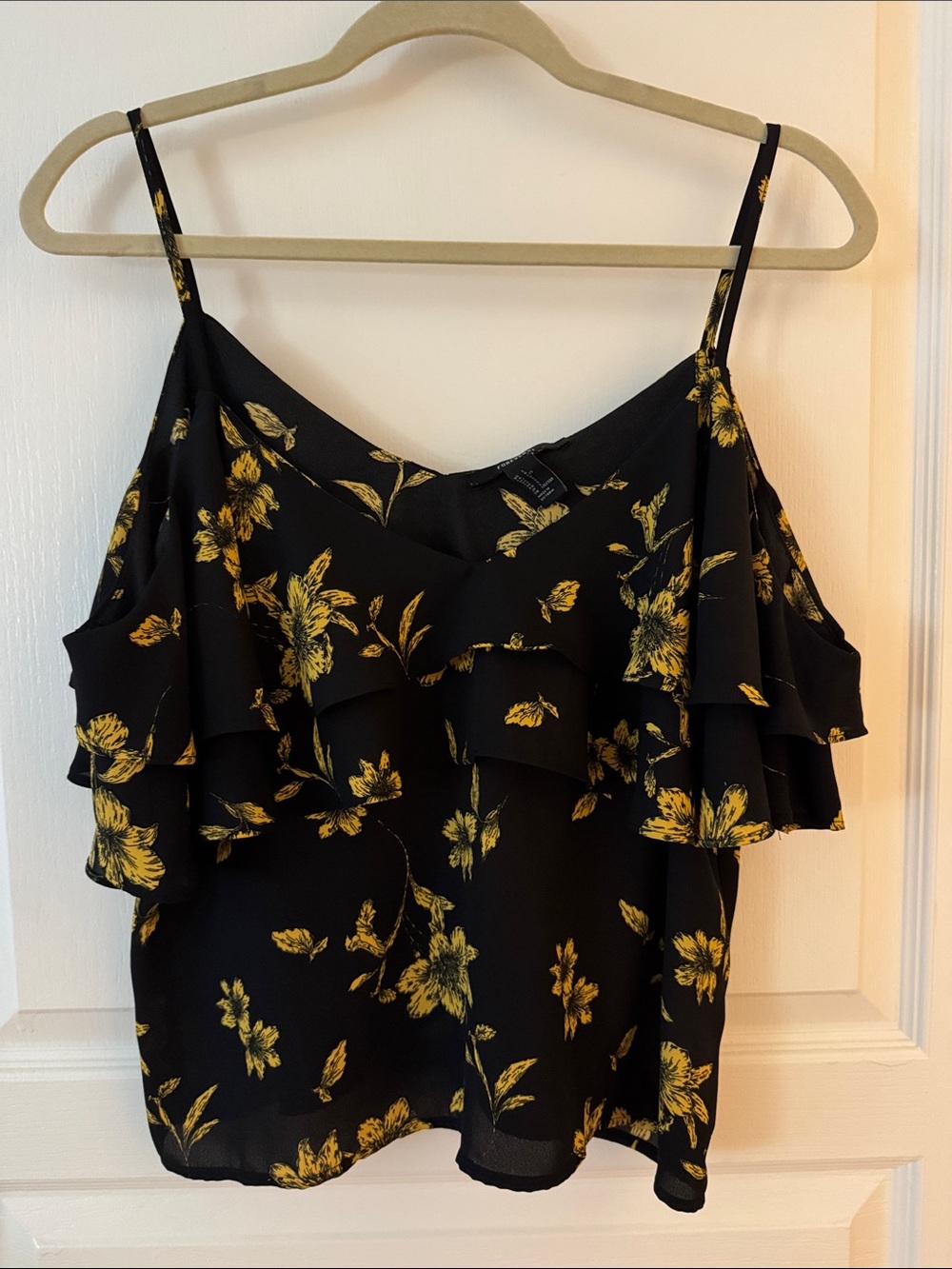 Forever 21 Black Spaghetti Strap Cami with Yellow Floral Ruffles